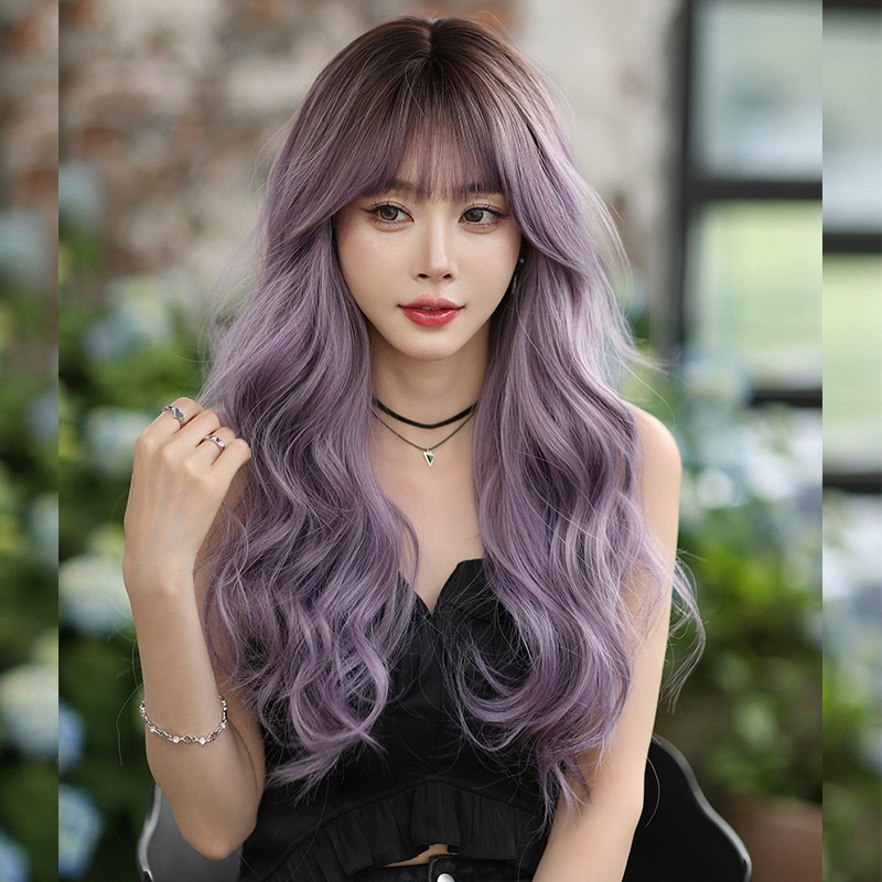 Wig women's long curly hair gray purple head dyed fashion head cover Chemical Fiber simulation whole top pullover wig wholesale Wig women's long curly hair gray purple head dyed fashion head cover Chemical Fiber simulation whole top pullover wig wholesale