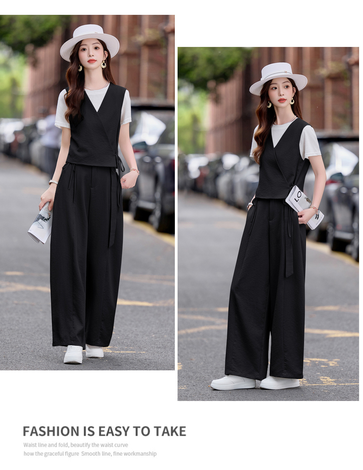 Bộ ba món mùa hè nữ gồm áo thun cổ tròn, áo vest cổ V và quần ống rộng — màu đen, màu xám chi tiết 23