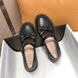 Japanese Style One-Line Buckle Small Leather Shoes 2024 New Retro Literary Style Thick Heel Flats Women's Thick-Soled Loafers