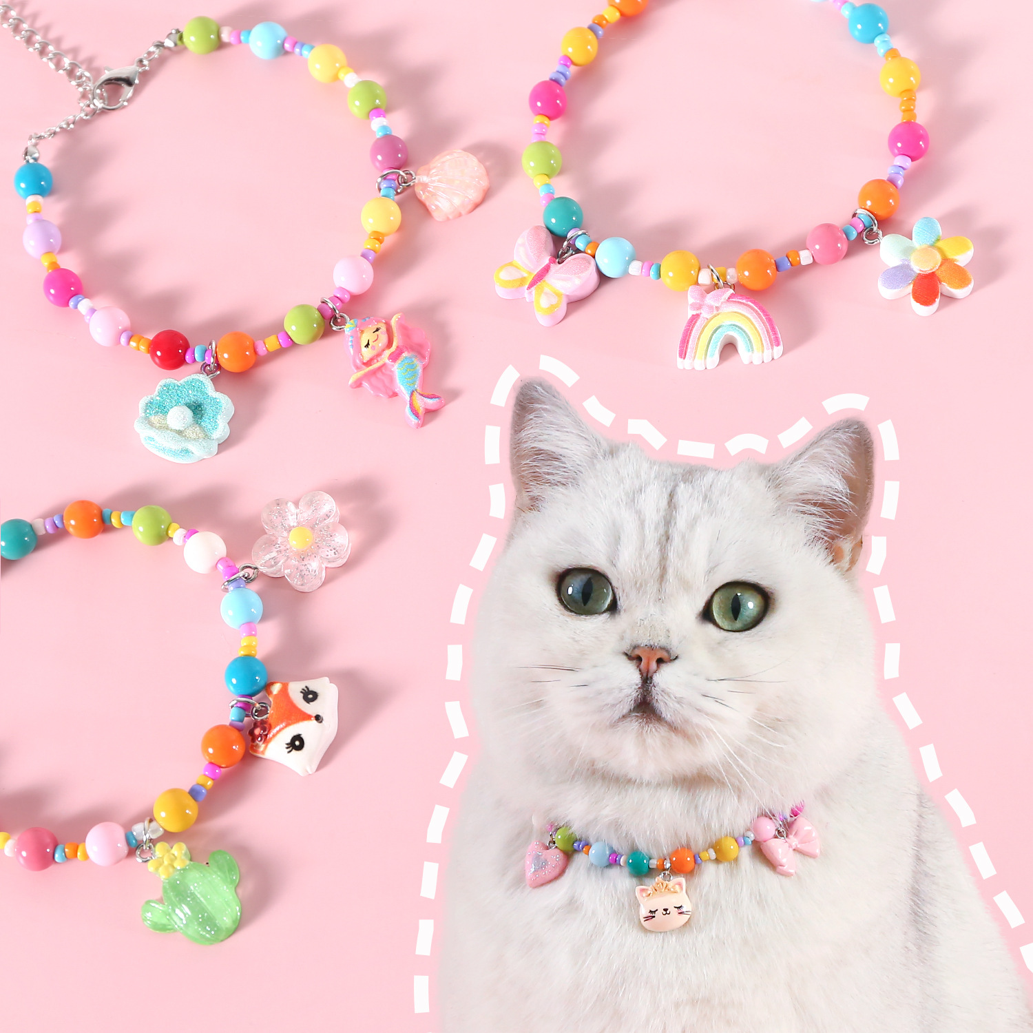 Collar de perlas de color para mascotas que osos Malzies gatos lindos arco iris sirena collar princesa