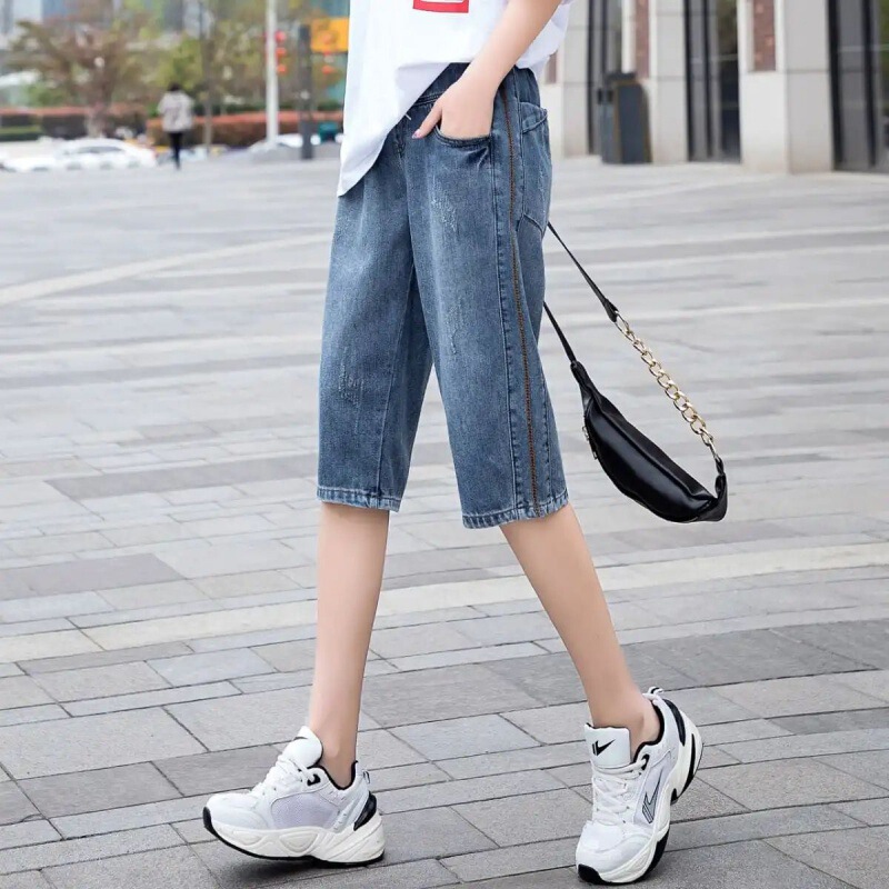 Elastic Waist Denim Shorts for Women Summer Thin Five-quarter Pants for Women Straight Hong Kong Style Cropped Pants Wide Leg Mid-pants Six-point Pants