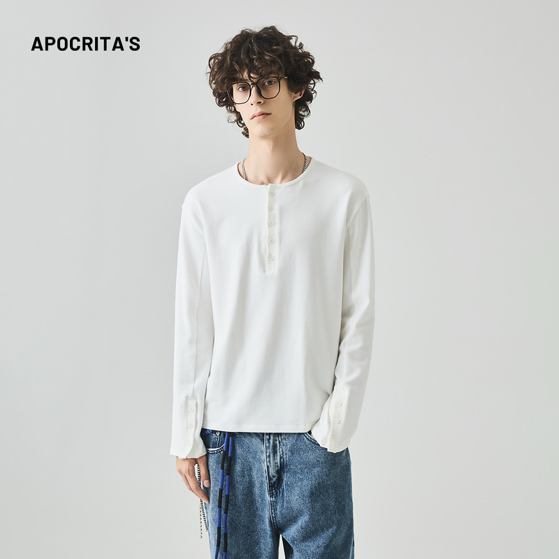 APO男装 |跨境男士长袖T恤秋季轻奢纯色修身亨利领内搭上衣打底衫|undefined