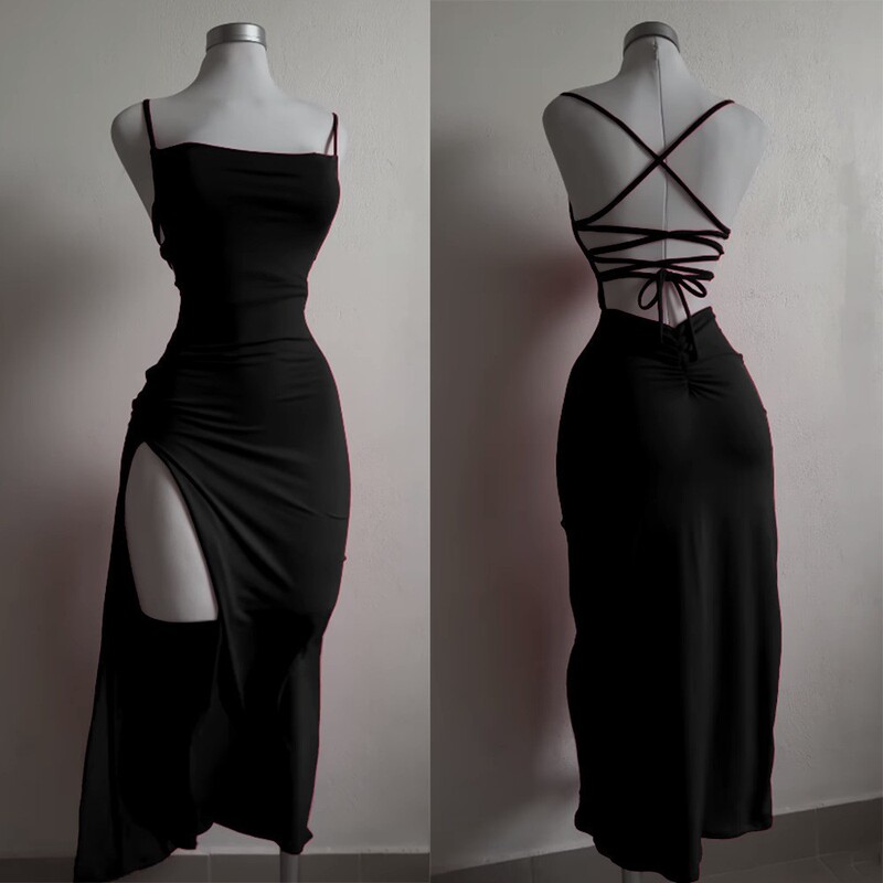2026 ins European and American sexy women's slim-fit sleeveless strapless back-tie open-back slit long dress 2026 ins European and American sexy women's slim-fit sleeveless strapless back-tie open-back slit long dress