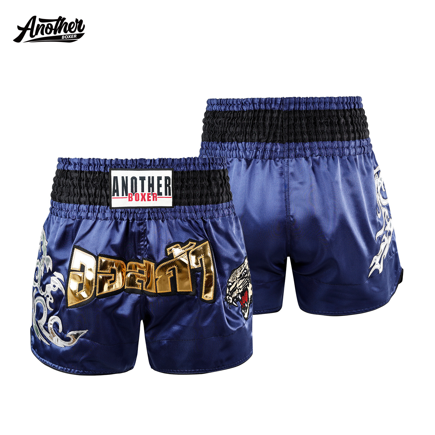ANOTHERBOXER navy blue Muay Thai shorts with leopard head embroidery, available for men, women, and children