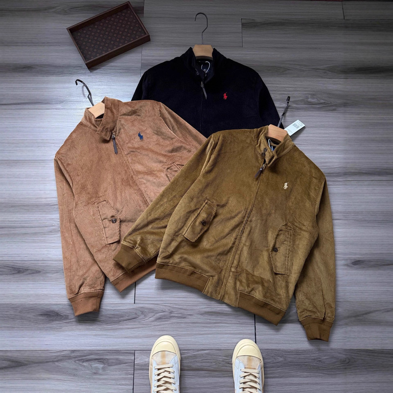 Rl American Old Money Style Small Label Polo Embroidery Business Corduroy Wellington Lapel Zipper Jacket Coat