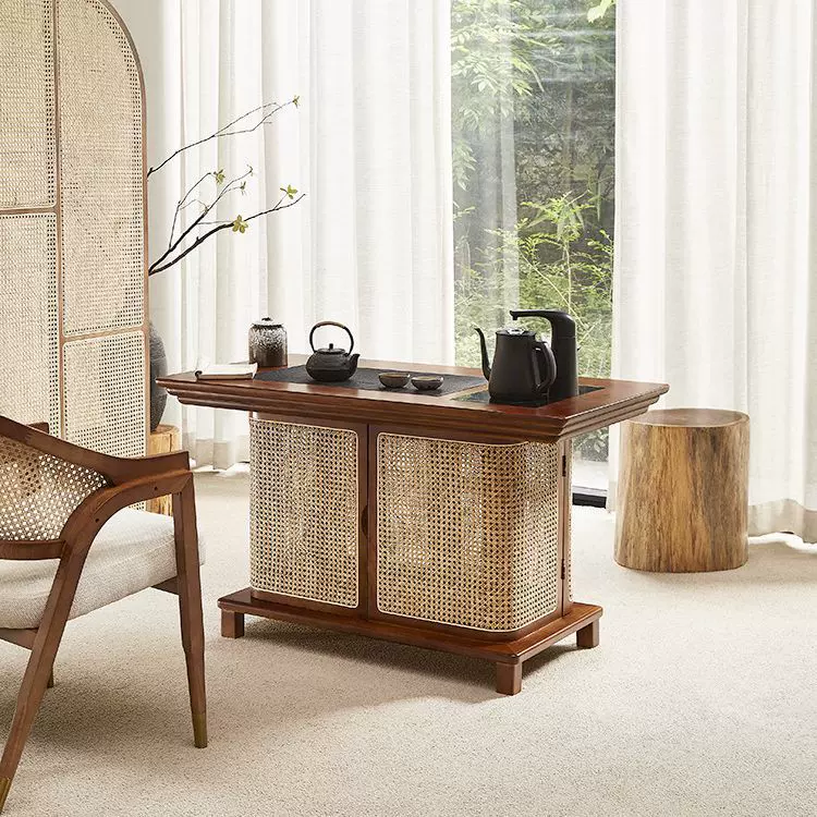 新中式实木藤编茶桌小茶台民宿家用现代简约茶柜一体禅意喝茶桌椅
