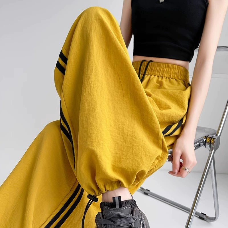 Быстросохнущие полосатые спортивные брюки для женщин, лето 2025, новые весенне-осенние широкие повседневные брюки для фитнеса с высокой талией для американских танцев