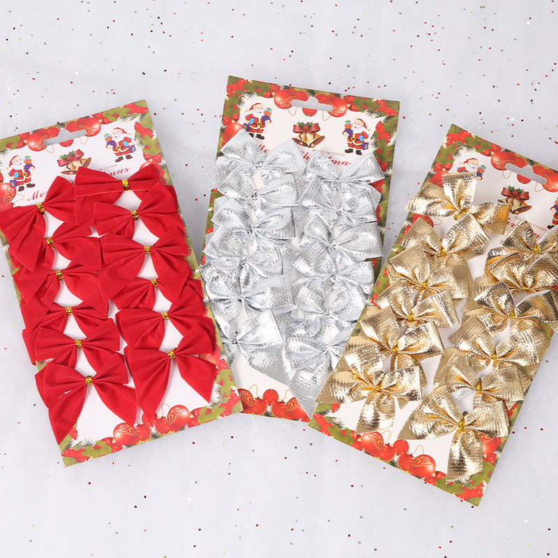 12 Pieces/Set Christmas Decorations Flocked Mini Gold and Red Christmas Bows Christmas Tree Wreath Hangings