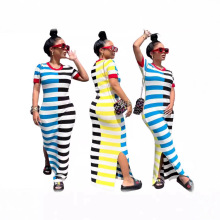 D8677 春夏新款欧美女装圆领短袖开叉拼接条纹连衣裙亚马逊现货款