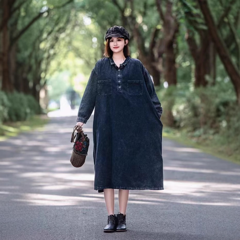 Retro denim long dress