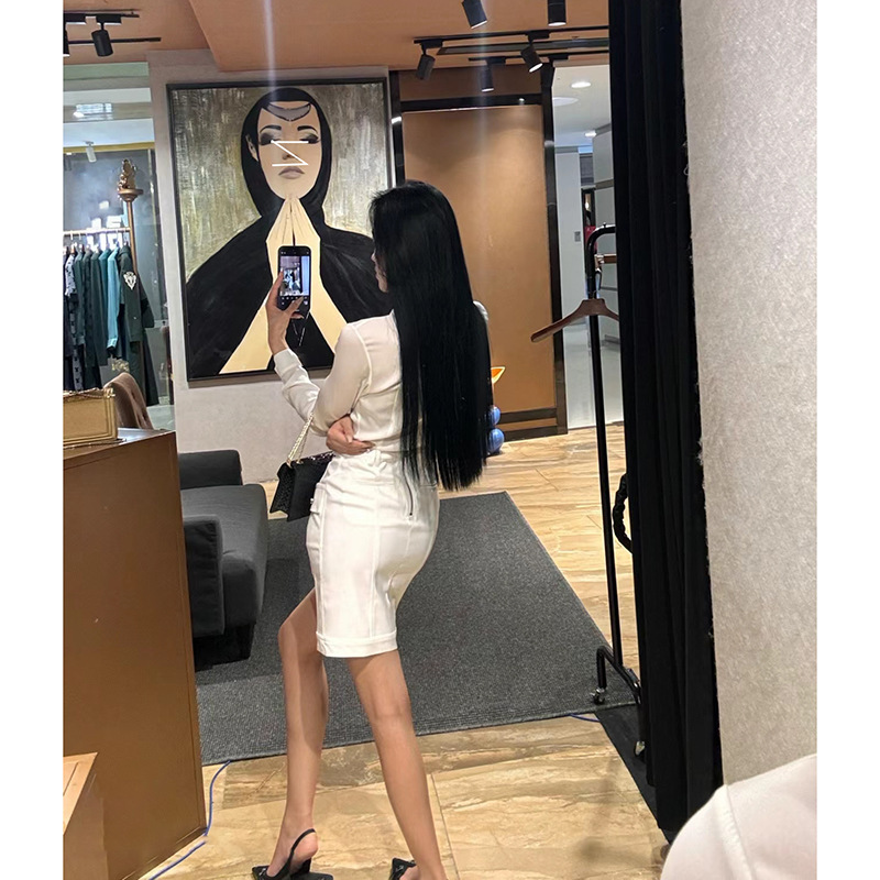 现货设计师西装领显瘦长袖衬衣上衣斜排扣开叉包臀半身裙短套装秋|undefined