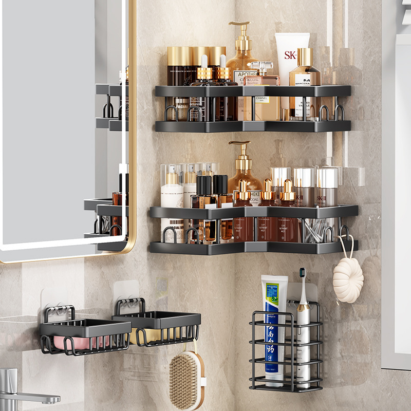 No-Drill Bathroom Storage Rack, Household Stainless Steel Corner Rack, Wall-Mounted Toiletries Organizer Rack Wholesale