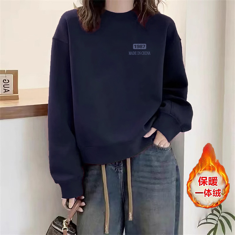 European Round Neck Velvet Thickened Navy Blue Sweatshirt for Women in Autumn and Winter Loose High-End Heavy Pure Fashion Top