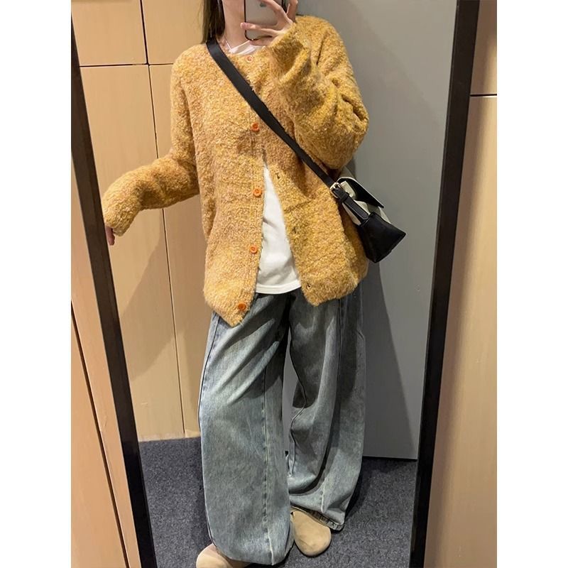 慵懒风软糯黄色针织外套女秋冬季新款设计感甜美减龄宽松休闲上衣|undefined