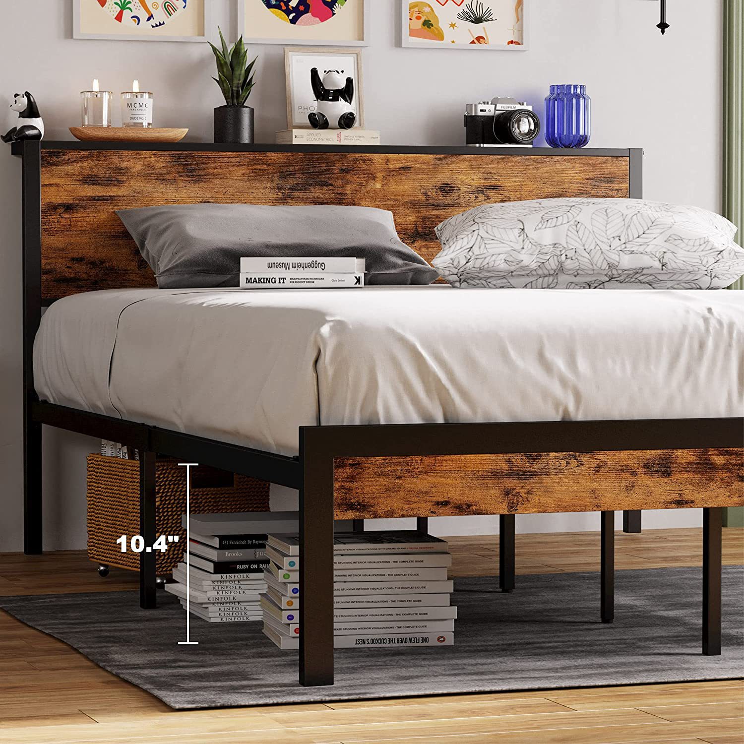 Cross-Border Exclusive Bed Frame American-Style Steel Art Single Steel-Wood Bed with Storage Headboard and Support Legs Steel Pipe