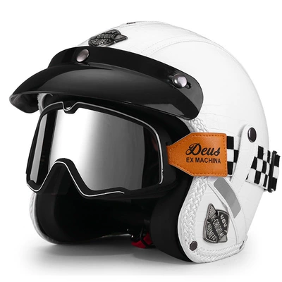 Motosiklet dəbilqələri – Motorcycle 3/4 Helmet, Electric Vehicle - m-milky-white-black-and-white-checkered-large-frame-goggles-you-can-leave-a-message-to-change-to-a-transparent-mirror-comes-with-a-hat-brim-face-towel