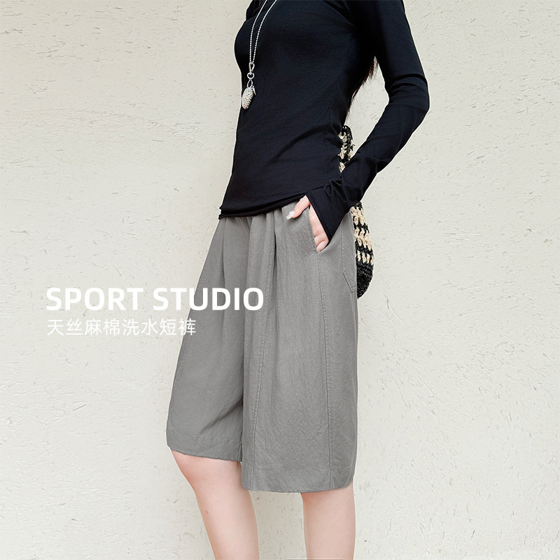 Lyocell Tencel Linen Shorts for Women, Summer Draped Old Money Style, Petite Casual Washed Wide-Leg Pants Lyocell Tencel Linen Shorts for Women, Summer Draped Old Money Style, Petite Casual Washed Wide-Leg Pants