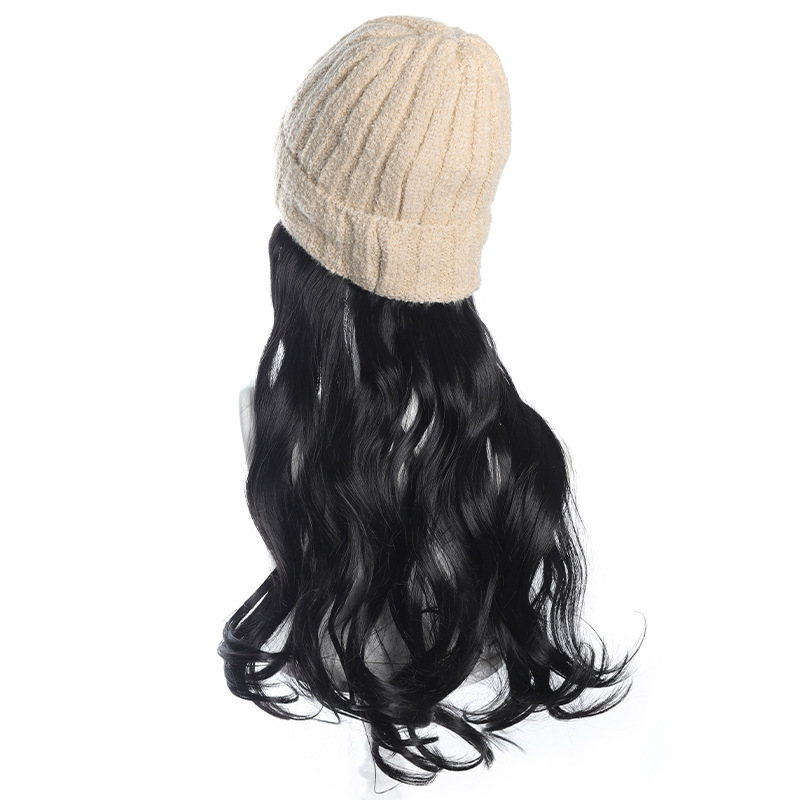 Bonnet tricoté en laine unisexe pour cheveux longs, une pièce, lettre de mode, automne et hiver, clavicule naturelle, micro boucles, perruque_voghion.com