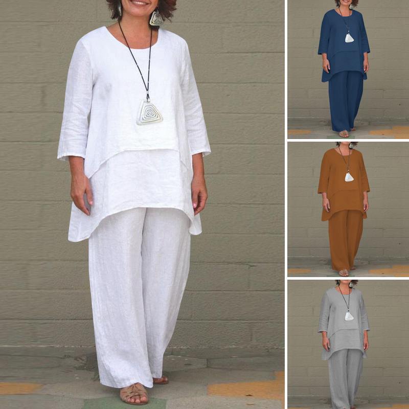 2026 European and American New Women's Clothing Imitation Cotton-Linen Fashion Casual Plus-Size Irregular Long-Sleeve Set Wide-Leg Pants Two-Piece Set