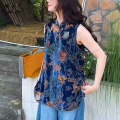 新中式国风女装蓝色花朵烧花丝绒上衣夏轻熟设计奥黛旗袍