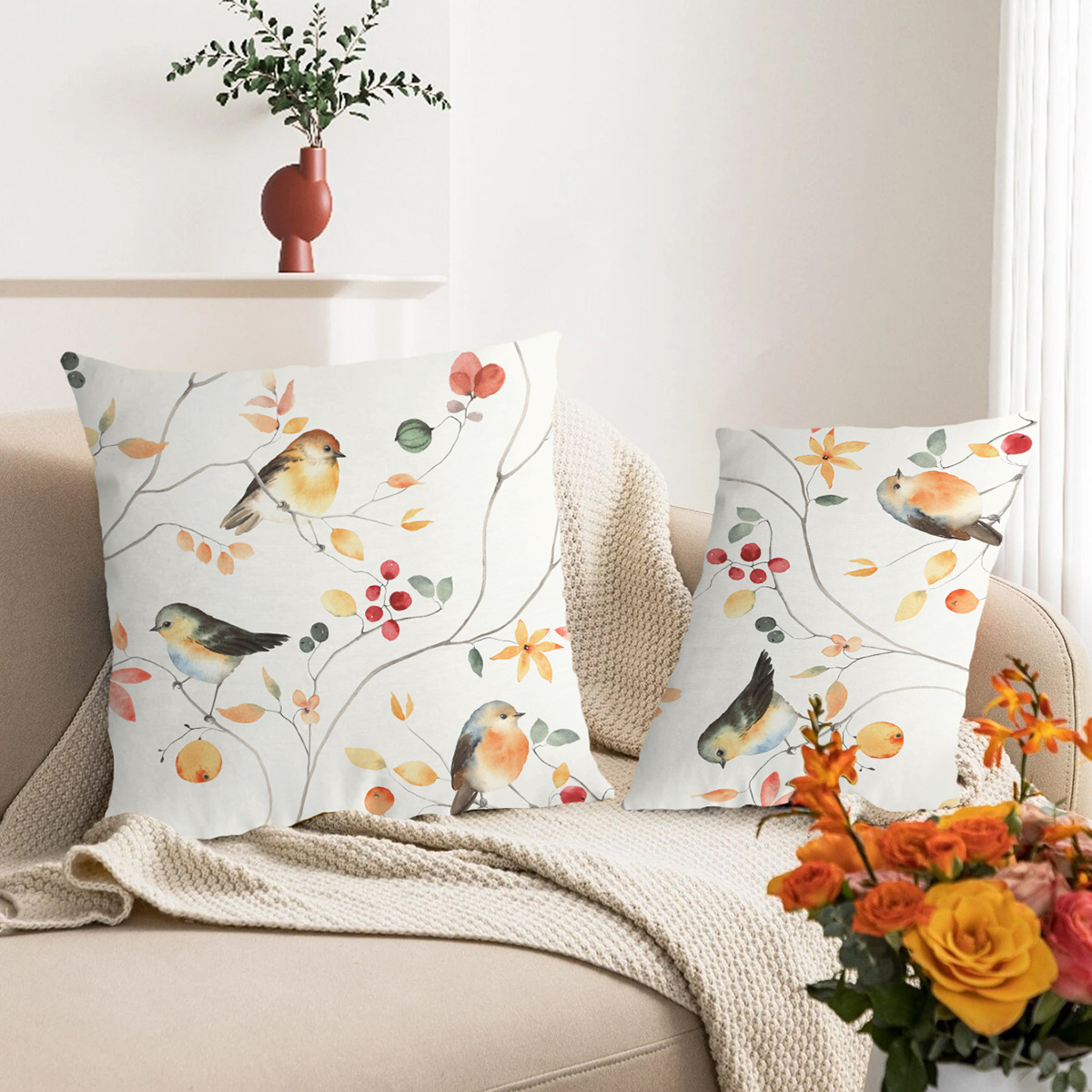 Cross-border Super Soft Short Plush Flower and Bird Printing Pillow Waist Pillow Home Decoration Sofa Cushion Cover_voghion.com