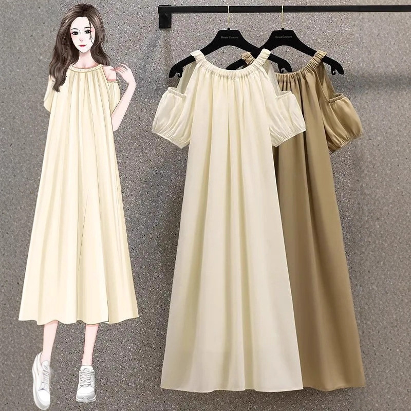 Korean Style Loose Off-Shoulder Elegant Dress Summer Plus Size Women's Fat mm Belly-Covering French Sweet Mid-Length Skirt