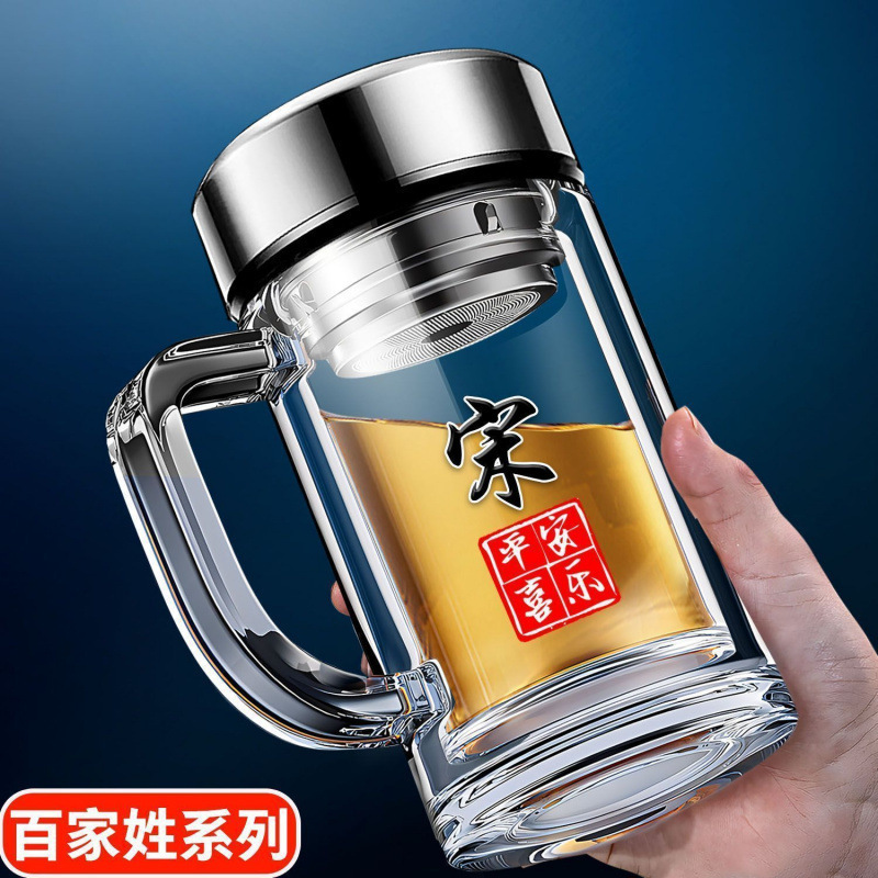 定新款双层把手玻璃杯男士茶杯商务办公大容量手柄泡茶水杯杯子制|undefined