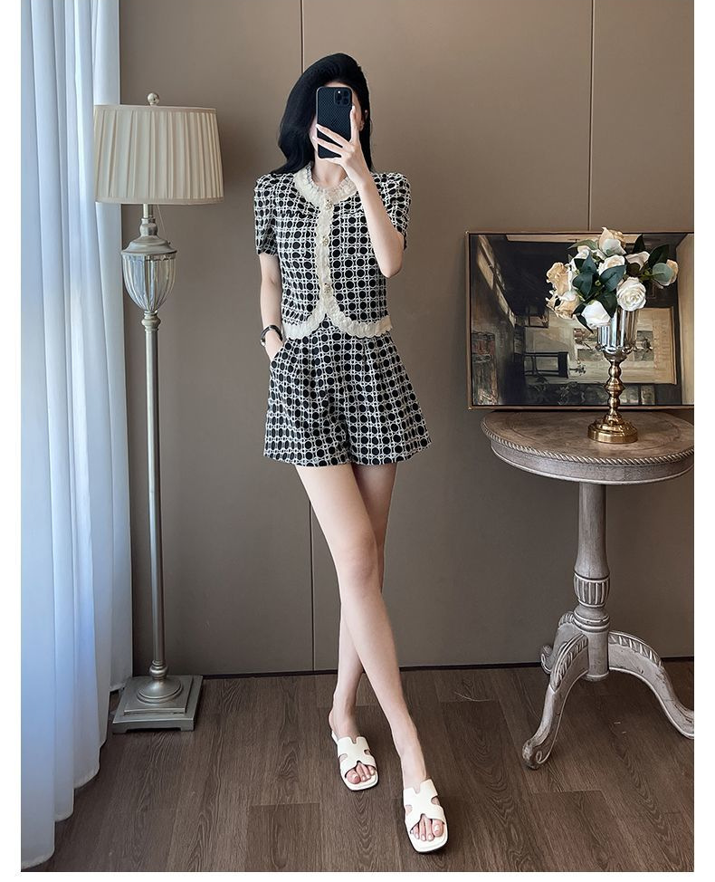 Bộ quần short nữ mùa hè phong cách tiểu hương phong 2 món — Trang phục màu đen chi tiết 11