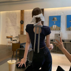 藏蓝色蝴蝶结绑带正肩短袖T恤女夏季镂空辣妹修身显瘦短款上衣女