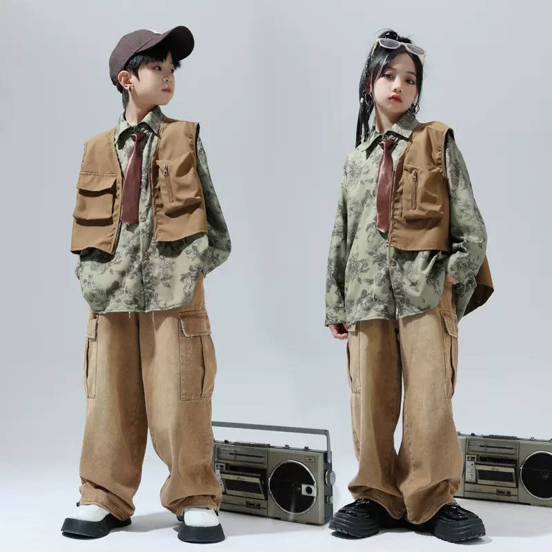 儿童街舞bboyhiphop日系复古衬衫班服童装男童演出服女童爵士舞服