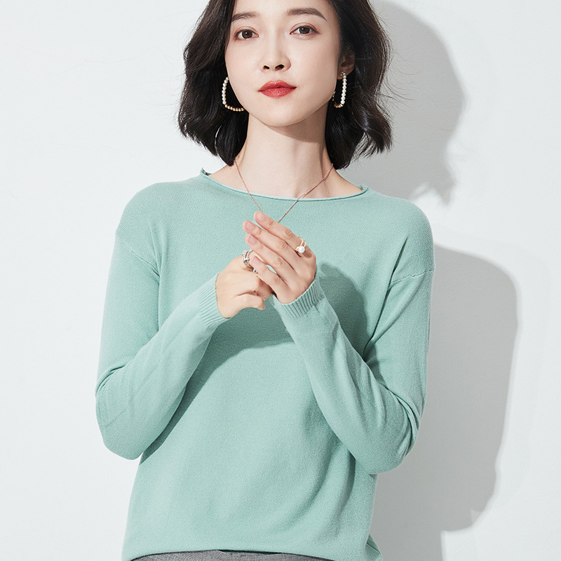 24 Spring and Autumn Thin Roll Round Neck Knit Women's Loose plus size Shoulder Sleeve V-Neck Sweater Inner Base Shirt