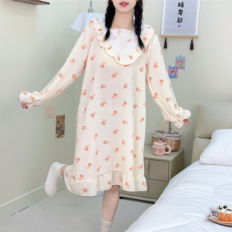 Pijama de primavera y otoño espuma tejida tela arrugada pijama de manga larga princesa vestido de estilo suelto vestido de ropa de hogar