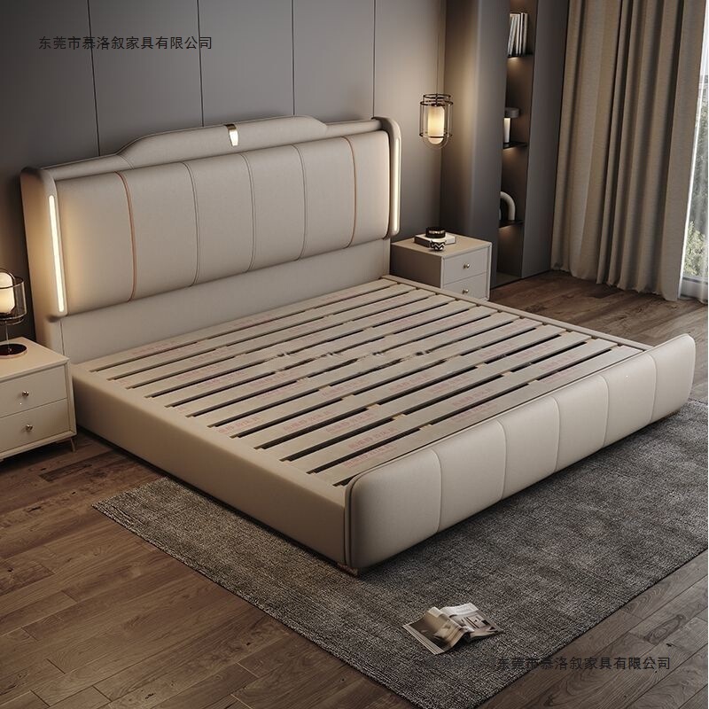 Italian-style luxury bed with built-in lighting, popular design, suitable for master bedrooms, double bed, modern minimalist leather bed, bed with storage and adjustable headboard, wedding bed, and other options