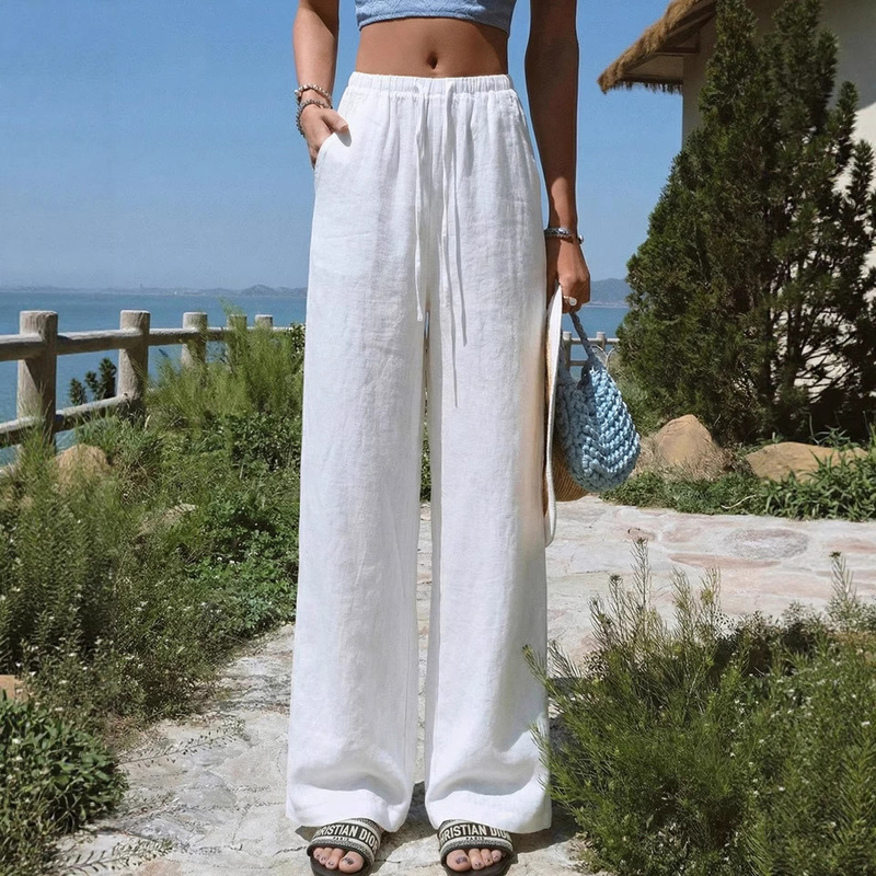 In-Stock European and American Foreign Trade Amazon Cross-Border Women's Clothing White Linen Wide-Leg Pants for Women Summer High-Waisted Casual Straight-Leg Pants In-Stock European and American Foreign Trade Amazon Cross-Border Women's Clothing White Linen Wide-Leg Pants for Women Summer High-Waisted Casual Straight-Leg Pants