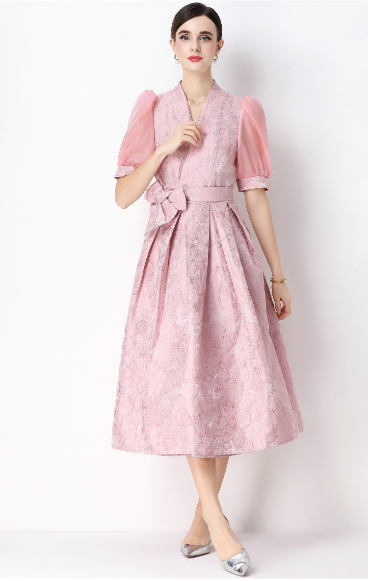 Đầm maxi nữ thắt eo V cổ tay ngắn họa tiết jacquard thanh lịch — màu đen, xanh lam, Màu hồng, màu trắng chi tiết 15