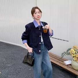 藏青色高级感格纹拼接小香风外套女早春新款时髦洋气设计上衣
