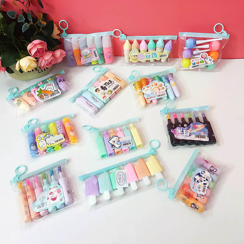 Exaltador de modelado de dibujos animados múltiples, 6 bolsas, diagonales, notas, puntos clave, estudiantes de primaria, marcadores, graffiti