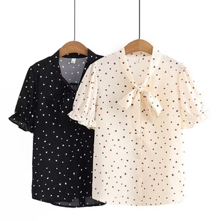 2023 Summer New Large Size Top for Chubby Girls Fashion Age-reducing Love Printed Lace-up Chiffon Shirt Short-sleeved Shirt for 8809