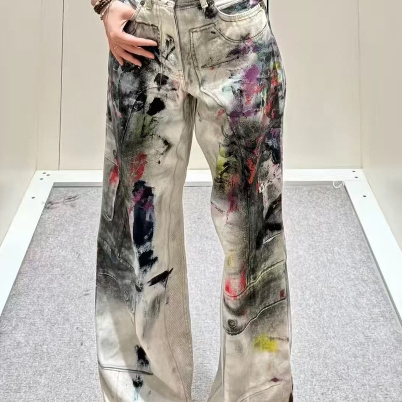 Nanyou Stall Quality 25 New Niche Design Old Retro 3D Printed Painted Loose Straight Jeans for Women