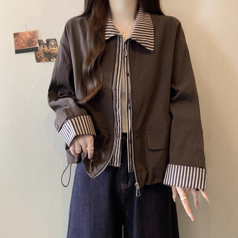 Designed Short Jacket Cardigan Jacket for Women 2025 Autumn New Large Size Fat mm Fake Two-Piece Stripesd Patchwork Top