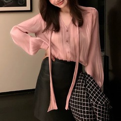 法式温柔v领飘带长袖衬衫女2025秋季新款设计感小众别致气质上衣