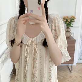 纯棉Korea夏季新款睡衣女连衣裙温柔花色花边系带外穿家居服睡裙