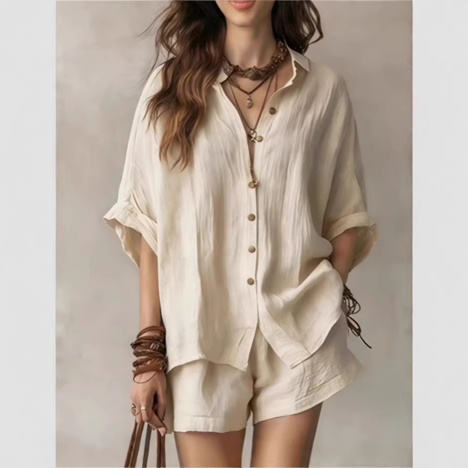 Women's Fashion Casual Suit Solid Color Loose Button Down Shirt And Shorts Spring/Summer New Style Clothing_ecoleips.com