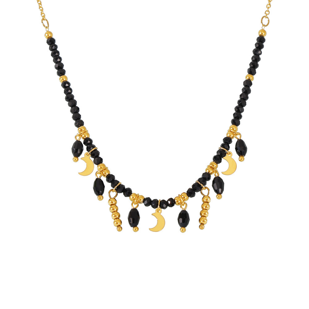 Sugar Cube Retro Temperament Black Crystal Moon Tassel Pendant Clavicle Necklace Stainless Steel Dark Queen Jewelry_voghion.com