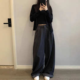 牛仔裤女慵懒松弛感高腰阔腿休闲裤春秋大码垂感宽松显瘦拖地长裤