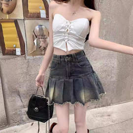 辣妹复古百褶牛仔半身裙女2024新款夏季高腰a字防走光包臀短裙子