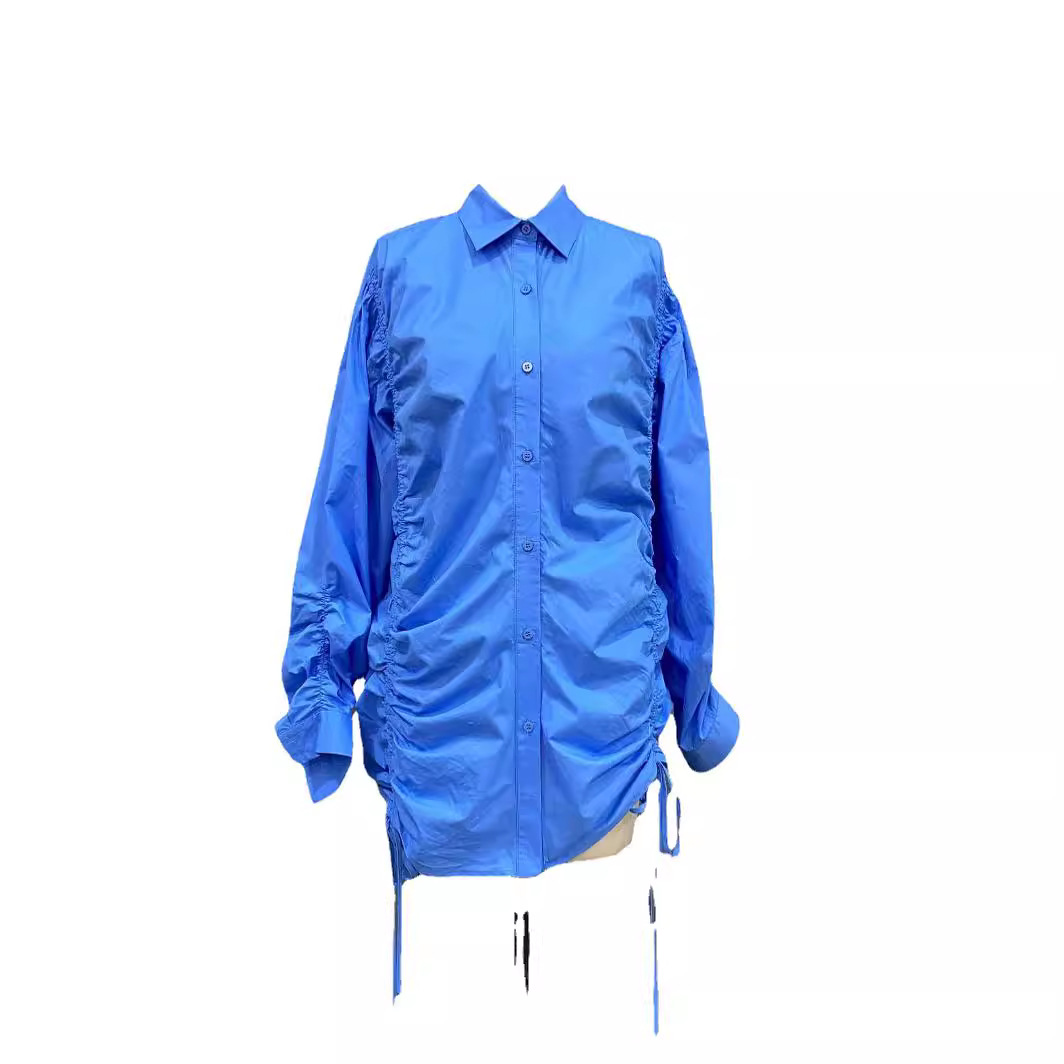 2024秋季加厚开衫长袖蓝色翻领棉纯色显瘦单排扣气质通勤衬衫
