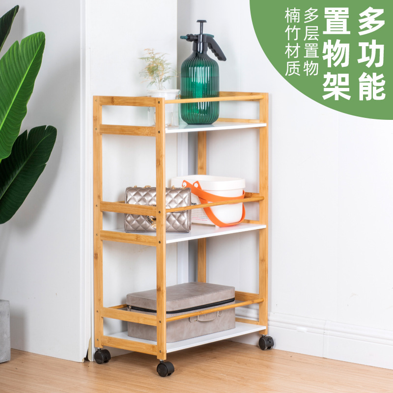 Procesamiento personalizado de tres capas de estantes de almacenamiento de cocina doméstica Nan bambú material rodillo móvil puede frenar el diseño