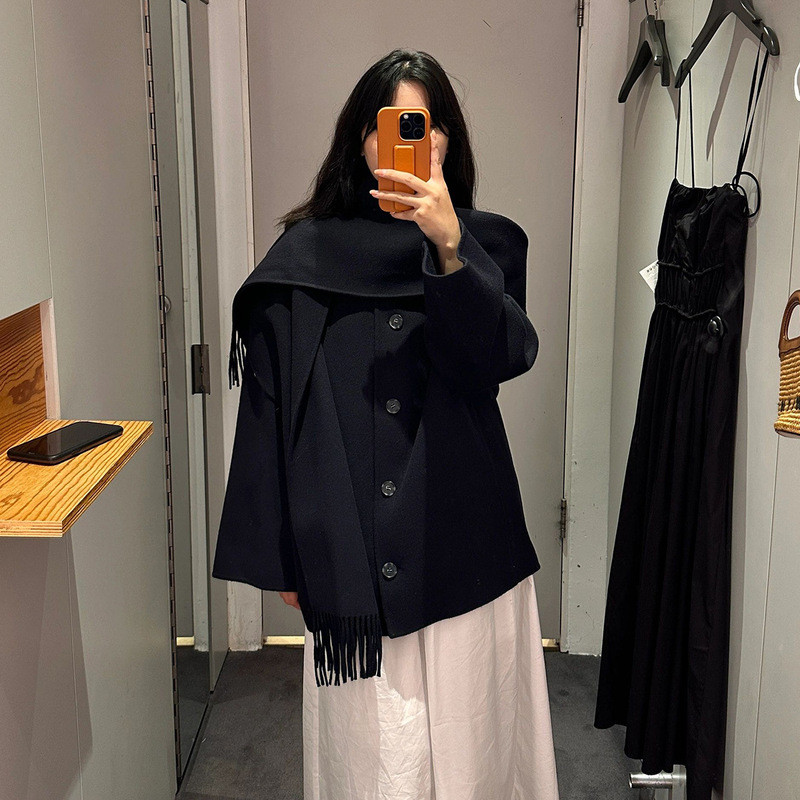 Dongzhuo Casual Style Fringed Scarf Collar Wool Blend Double-Sided Nylon Coat 26 Spring/Summer New Product 1187057001 Dongzhuo Casual Style Fringed Scarf Collar Wool Blend Double-Sided Nylon Coat 26 Spring/Summer New Product 1187057001
