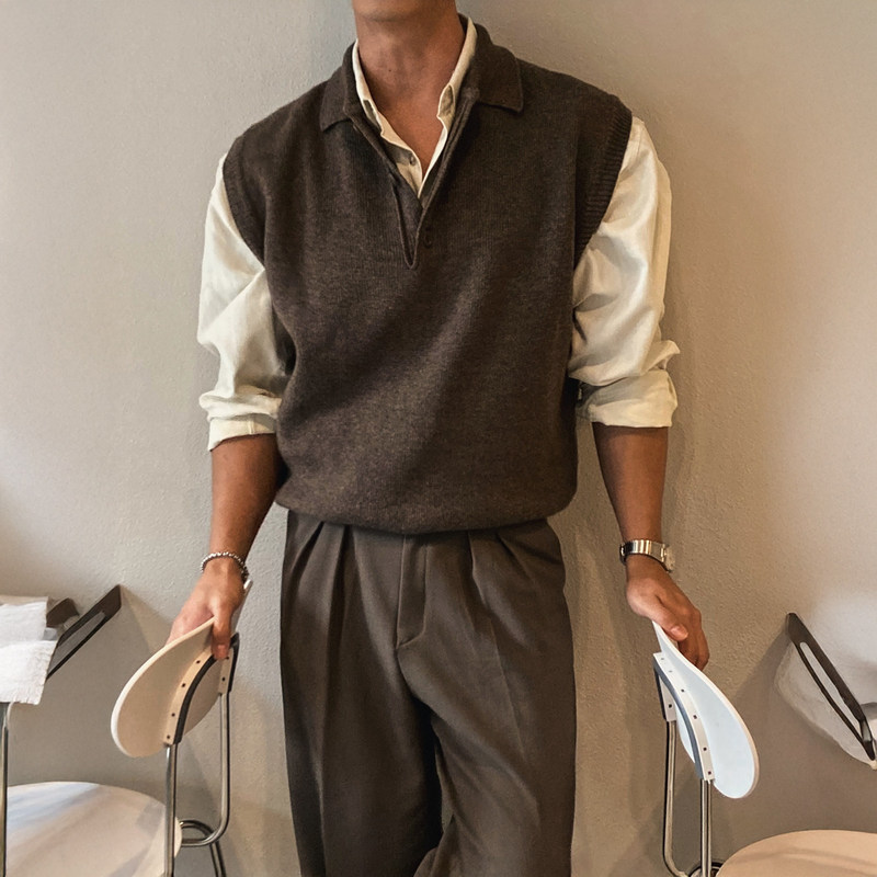 798 Design Brown Melard Knit Sleeveless Vest for Men, Summer and Winter Layered Wear, Old Money Style Mature Sweater Vest
